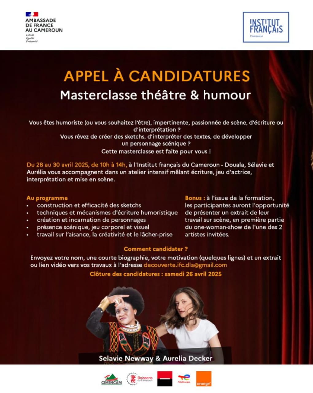 Cover Appel à Candidature Masterclasse Théâtre Et Humour Du 28 Au 30 Avril 2025 à L'IFC Douala