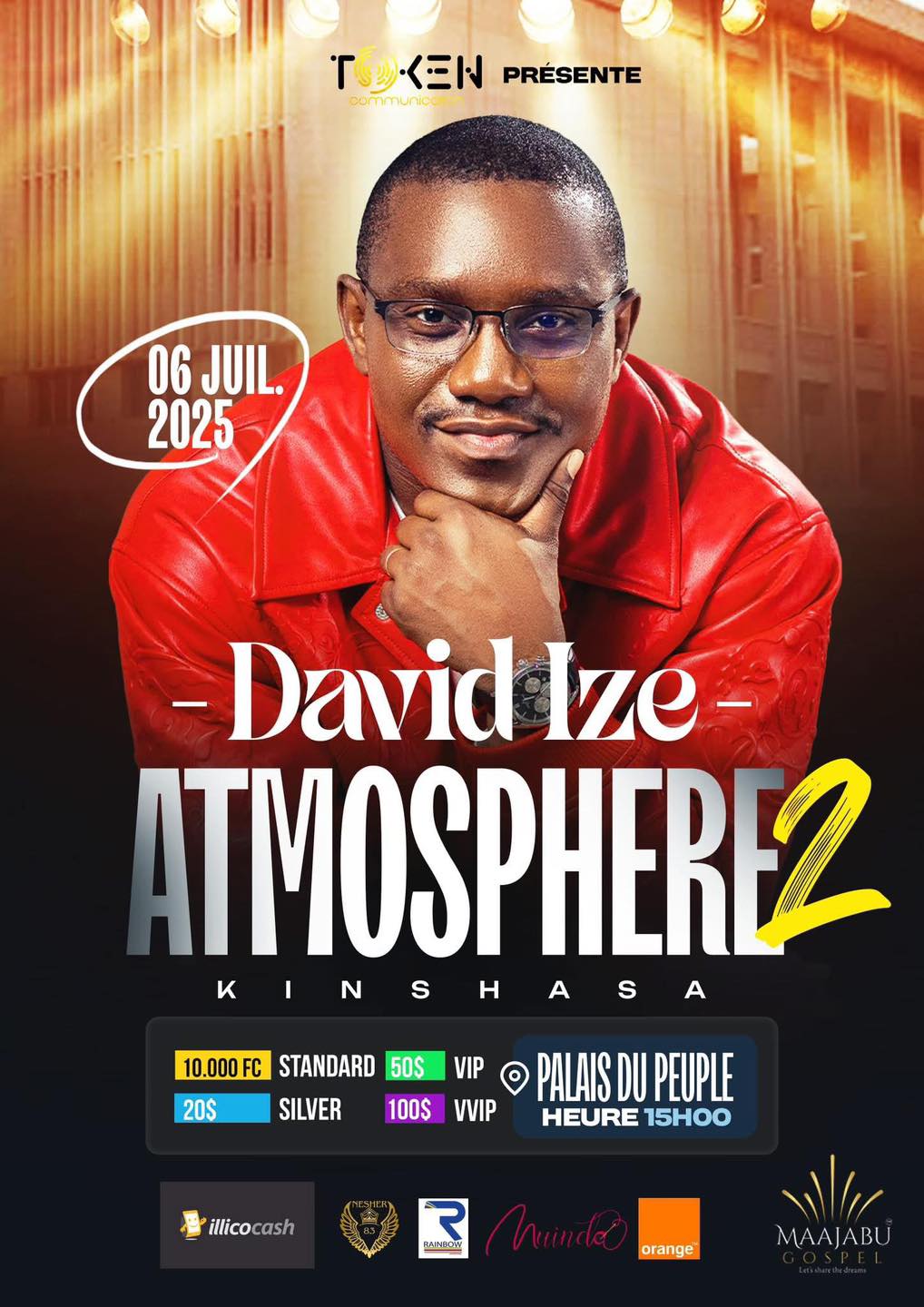 Cover David Ize présente "Atmosphère 2" à Kinshasa le 6 juillet 2025 : un concert gospel au Palais du Peuple avec plusieurs catégories de billets et des options de diffusion en direct.