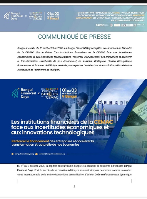 2 édition des Bangui Financial Days du 1ᵉʳ au 3 octobre 2026 a Bangui