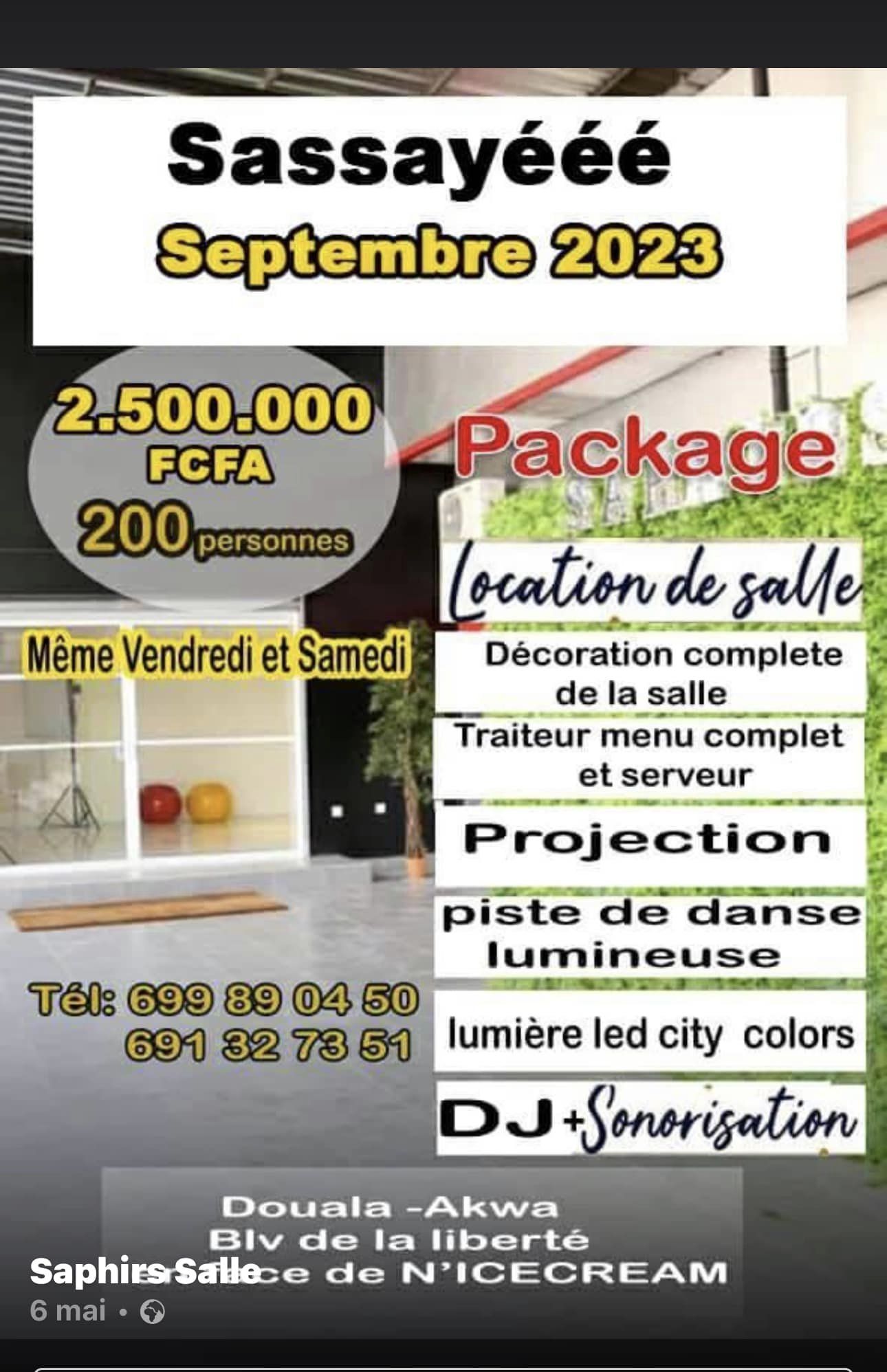 Cover Sasayéé la Salle Saphirs à Akwa à Douala en Promotion  pour Septembre 2023