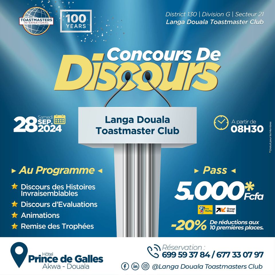 Cover Concours de Discours Langa Douala Toastmaster Club le 28 Septembre 2024 à Douala